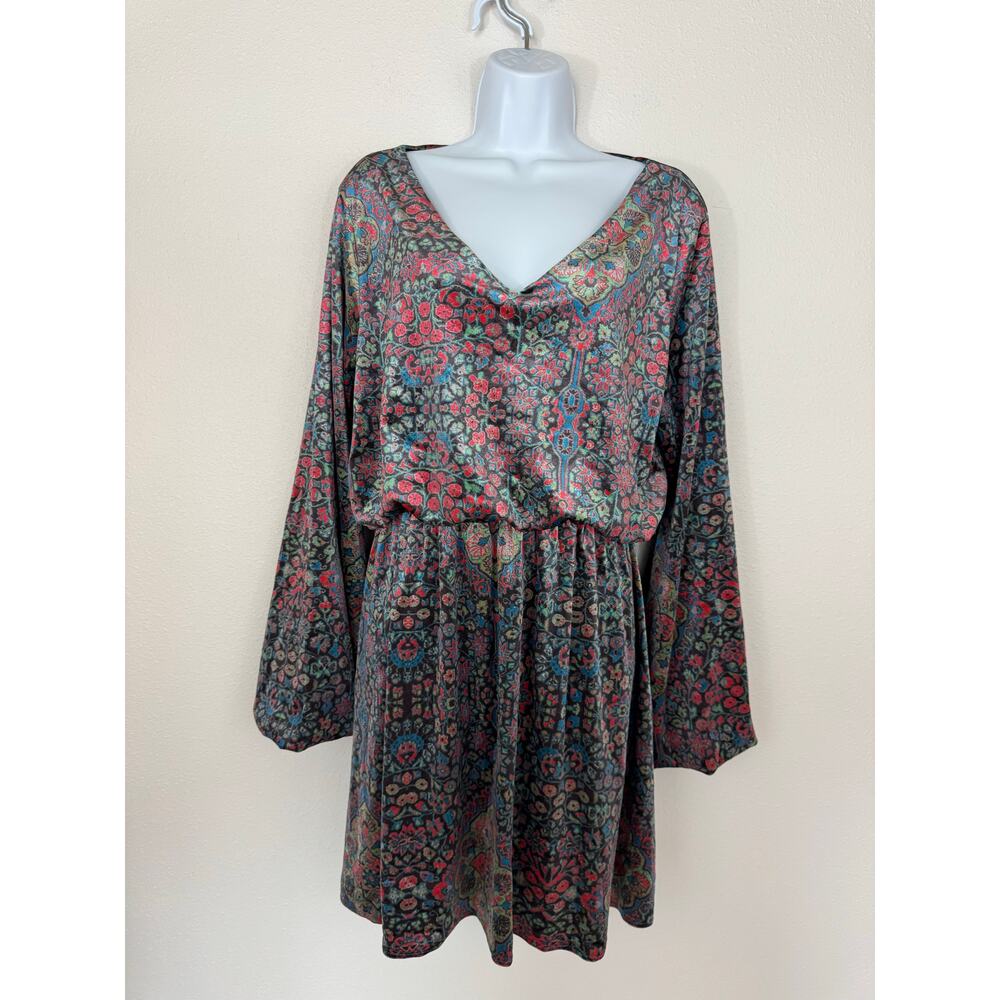 Judith March Velvet Paisley Boho Bell Sleeve Mini Dress L